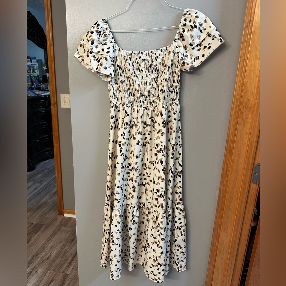 Elegant White and Brown Spotted Dress